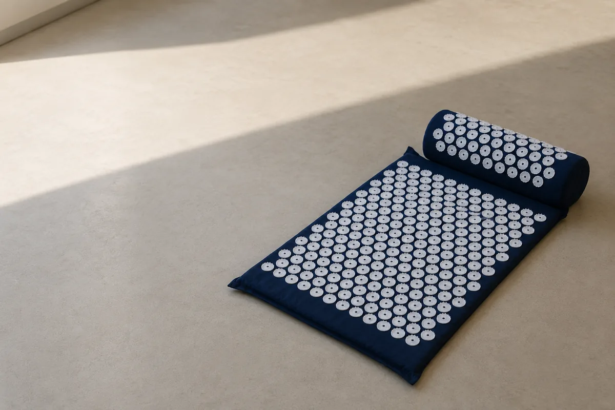 Navy SpikeRest acupressure mat and bolster pillow laid out on a light floor in a calm, sparsely furnished room
