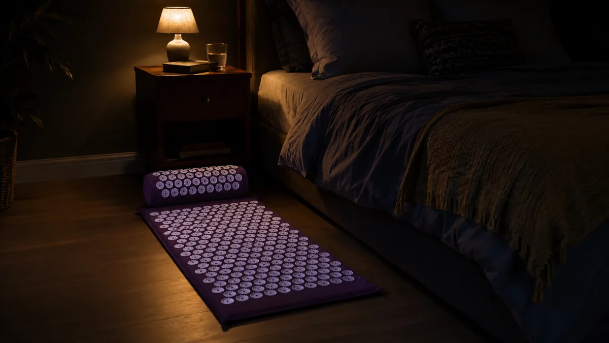 Purple acupressure mat and bolster on the floor beside a bed in a dimly lit bedroom