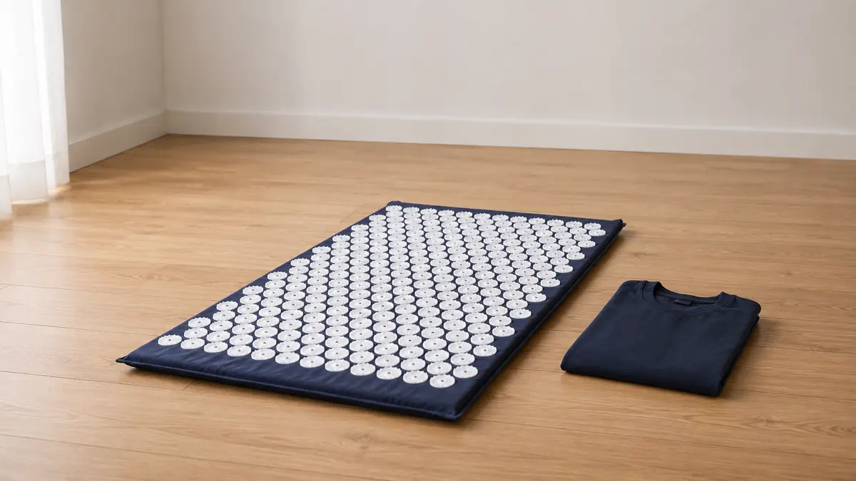 Navy acupressure mat alone on a bare wooden floor in a plain room with a folded t-shirt beside it