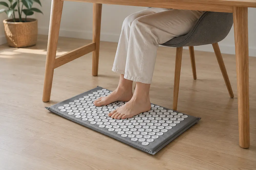 Gray SpikeRest acupressure mat on the floor under a wooden desk with bare feet resting on it