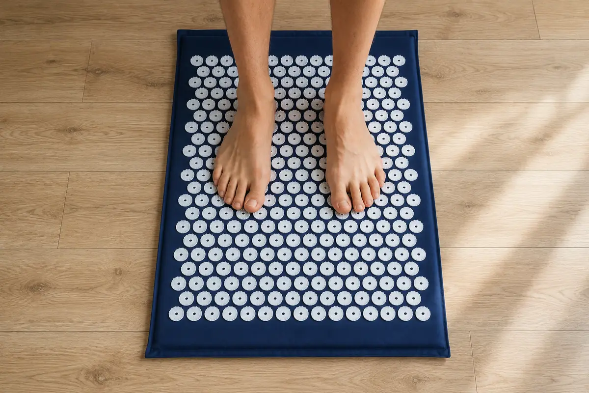 Two bare feet standing on a navy SpikeRest acupressure mat laid flat on a light wood floor, seen from above
