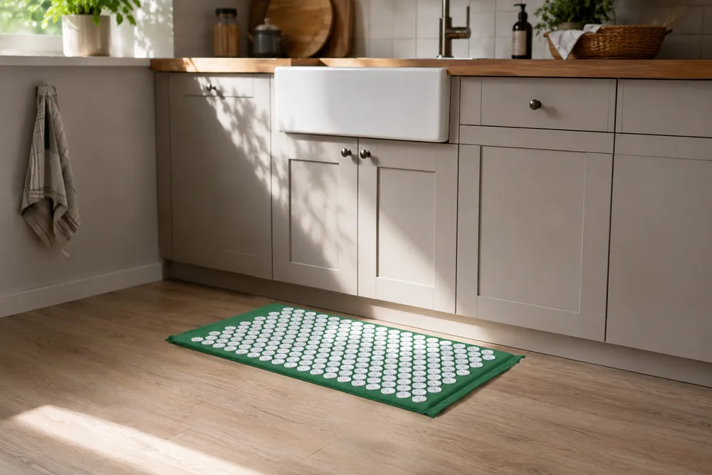 Green SpikeRest acupressure mat on a kitchen floor in front of the sink, ready for a short standing session