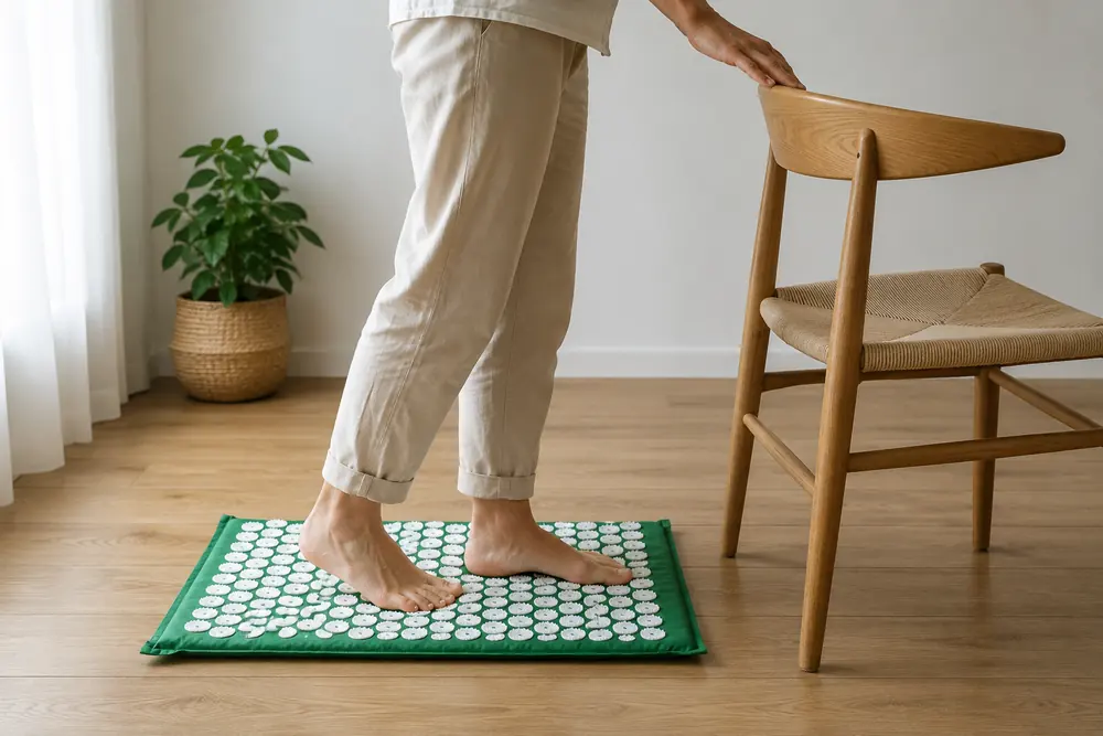 A person standing barefoot on a green SpikeRest acupressure mat with one hand resting on the back of a chair for balance