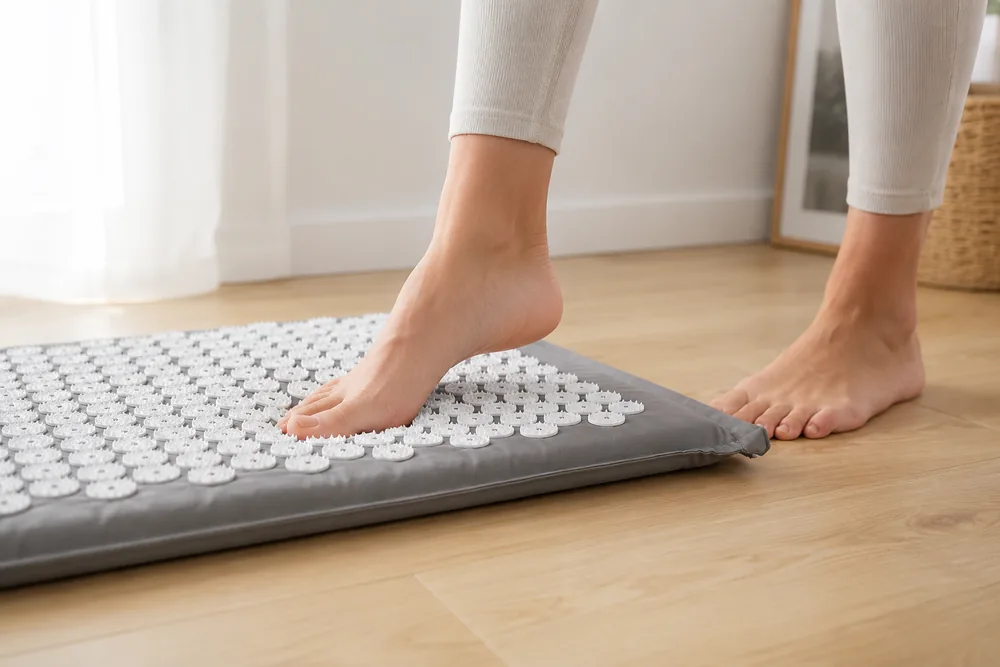 Bare feet stepping onto a gray SpikeRest acupressure mat seen from above