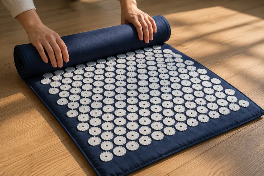 Hands rolling out a navy SpikeRest acupressure mat onto a sunlit wooden floor