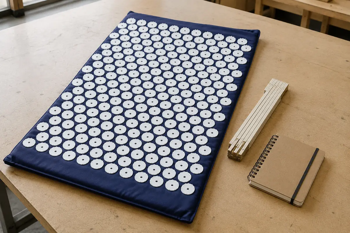 Navy SpikeRest acupressure mat on a plain worktable beside a folding rule and a small notebook