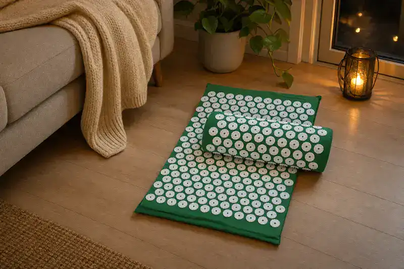 Acupressure mat and bolster pillow set up for an evening wind-down session