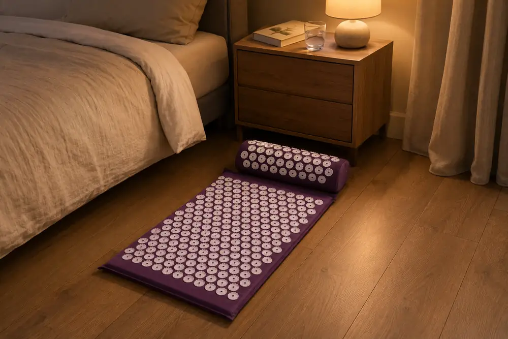 Purple acupressure mat and pillow set on the floor next to a bed in warm evening light