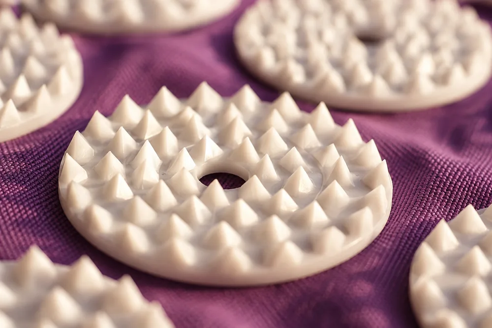 Macro view of the white plastic spike disks and their pyramid points on purple mat fabric
