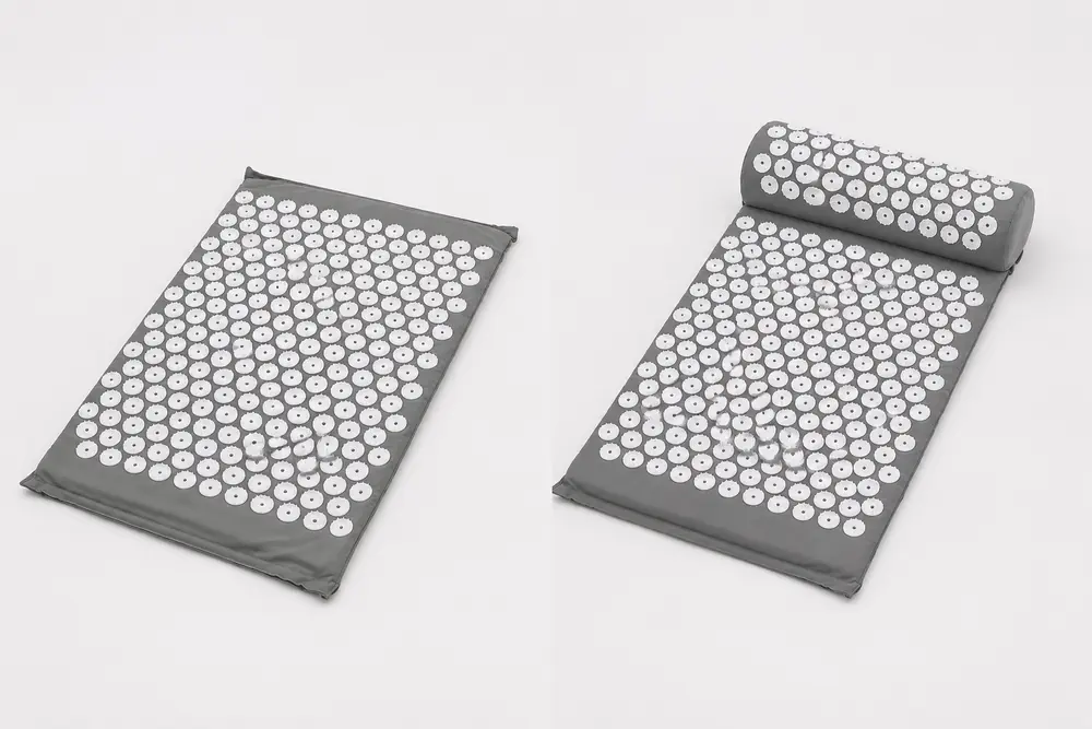 A gray SpikeRest mat alone on the left and the same mat with its bolster pillow on the right
