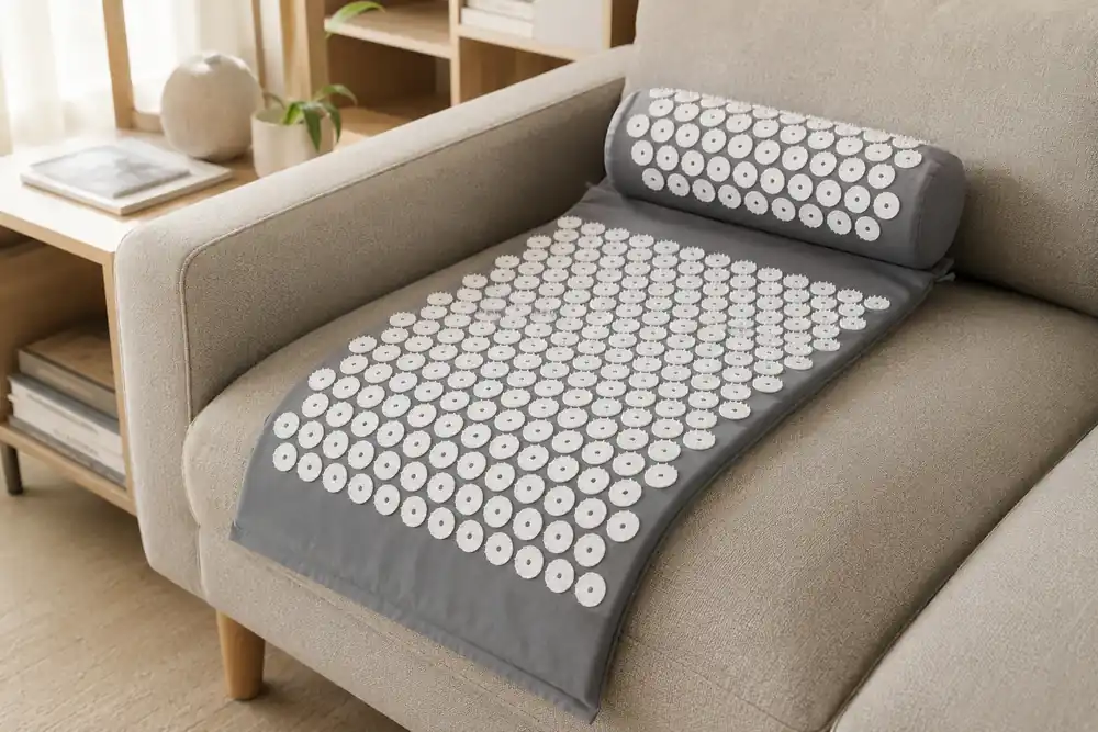 Gray SpikeRest acupressure mat draped over the seat of a fabric sofa with the bolster pillow at one end