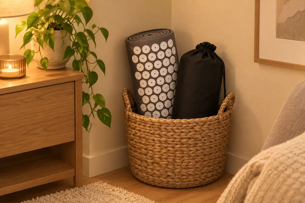 Rolled SpikeRest mat and its black carry bag in a woven basket beside a lamp-lit sideboard in the evening