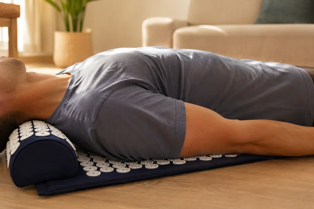 A person lying back on a navy acupressure mat in a living room, head resting on the bolster pillow